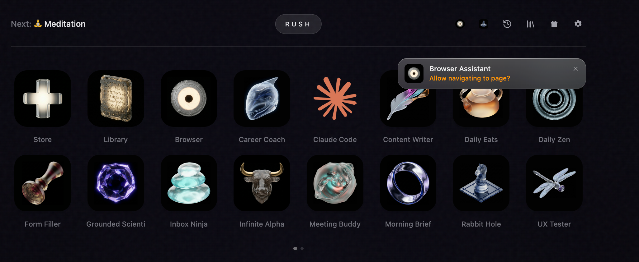 Rush home screen with agent grid and active sessions