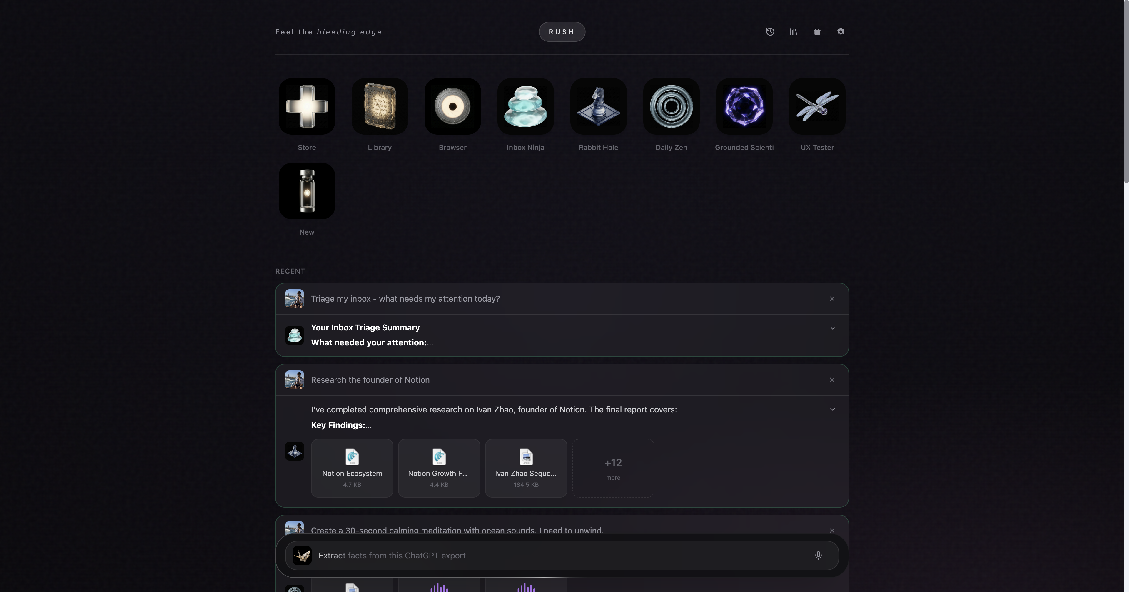 Rush home showing an orchestration layer with multiple installed agents, ongoing work, and shared context in one workspace.
